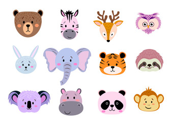 Set of cute simple animal heads - bear, monkey, zebra, owl, sloth, koala, rabbit, elephant, tiger, deer, hippo, panda. Cartoon portrait set with a flat design. Vector illustration