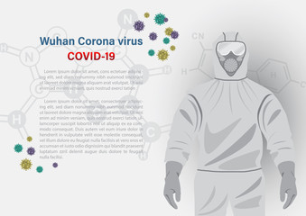 Closeup a man wear a virus protection suite in mono tone color with wording about COVID-19 and example texts, virus symbols on science icon pattern and white background.