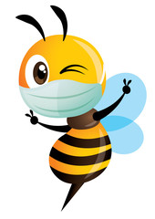 Cartoon cute bee wearing mask with victory hand signs, successfully fight the disease and virus - vector character