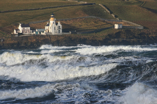 Stormy Atlantic Pentland Firth area with huge waves near Scrabster Lighthouse near Thurso in Caithness, Scotland