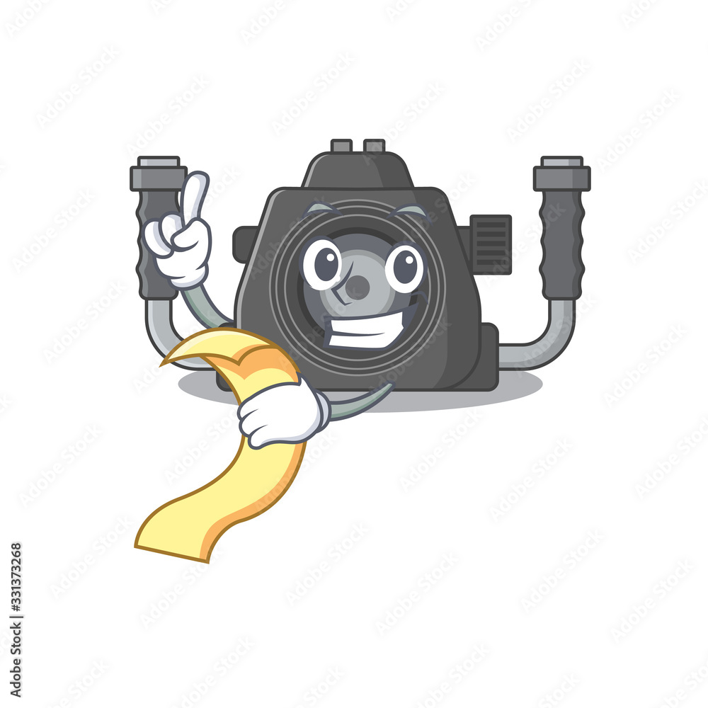 Wall mural cartoon character of underwater camera holding menu ready to serve