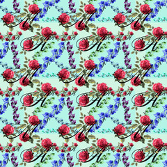 Creative composition with the image of multi-colored inscriptions and flowers. Abstraction. Seamless background. Drawing for wallpaper and textile.