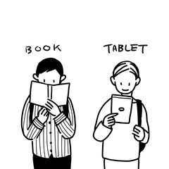 本とタブレット（線画）
