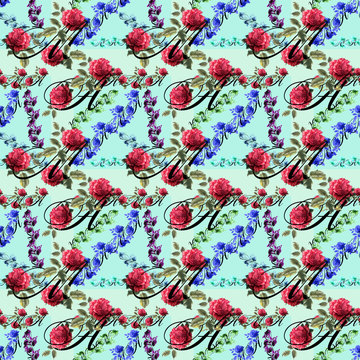 Fototapeta Creative composition with the image of multi-colored inscriptions and flowers. Abstraction. Seamless background. Drawing for wallpaper and textile.