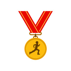 Gold first place medal icon with a child running