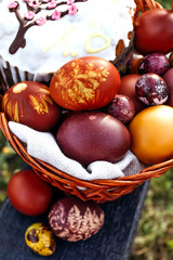 Naklejka na ściany i meble Easter background, multi-colored chicken and quail eggs on bright natural background.