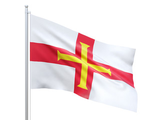 Guernsey flag waving on white background, close up, isolated. 3D render