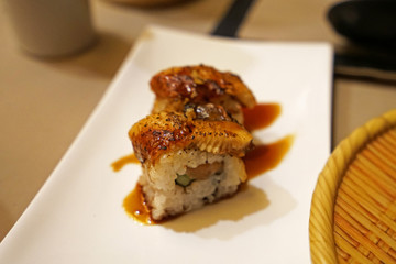 Close up Unagi, Japanese Grilled eel fish sushi rolls