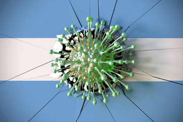 Virus breaks wall with flag of Argentina. Coronavirus outbreak related conceptual 3D rendering