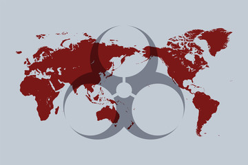 The concept of a pandemic infectious disease of humanity. Minimal background with biohazard symbol on a world map.