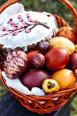 Easter background, multi-colored chicken and quail eggs on bright natural background.