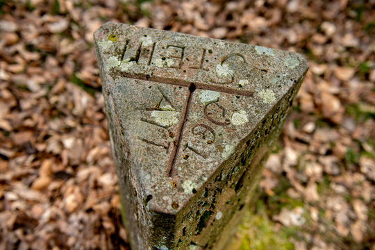 Adlerstein, Dreim&auml;rker Grenzstein im Odenwald mit doppelkopf Reichsadler und kaiserlichem Reichsapfel