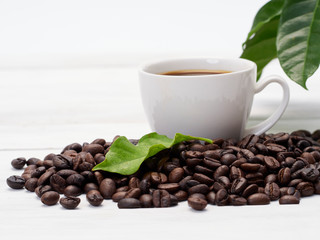 Roasted coffee beans with coffee leaves.