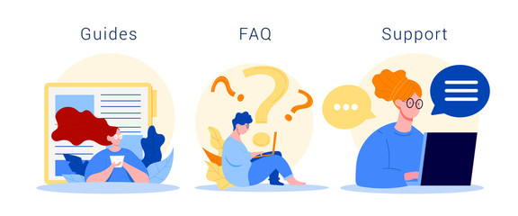 Set of flat images of people working in info center, asking questions and providing information. Guides, FAQ and Support. Vector on white background