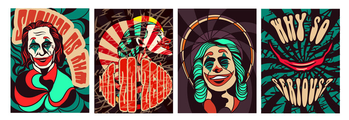 Set of psychedelic scary clown posters in festive green and red vintage circus art style for postcards or stickers © Rudzhan