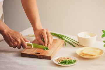 Wrapping Wonton and raw ingredients isolated at kitchen