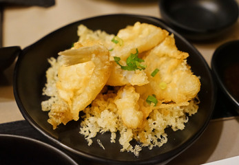 Close up Tempura, Japanese style battered and deep fried vegetables and seafood