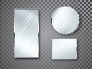 Mirrors set isolated with blurry reflection. Mirror frames or mirror decor interior vector realistic illustration - obrazy, fototapety, plakaty