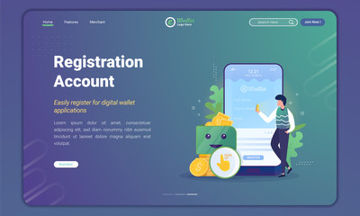 Registration or digital wallet account sign up illustration on landing page template