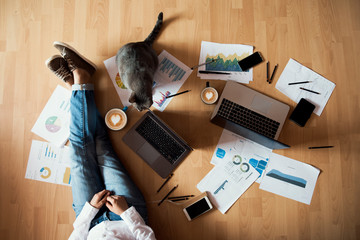 woman working from home - top view