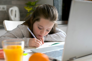 Pretty cute schoolgirl 7-8 years old studying at home. Home school, online education, home...