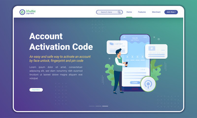 Flat design of account activation code for digital wallet concept on landing page template