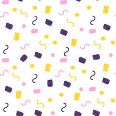 Confetti rectangle zig zag circle seamless pattern in hand drawn style on white background.