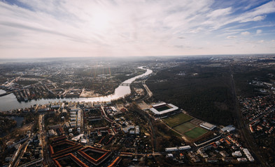 aerial drone shot of Berlin Kopenick with stadium of soccer team FC Eisern Union