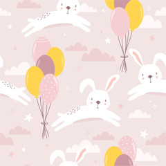 Bunnies, air ballons, hand drawn backdrop. Colorful seamless pattern with animals, sky. Decorative cute wallpaper, good for printing. Overlapping background vector. Design illustration, rabbits