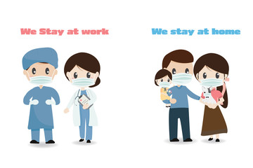 doctor stay at work family stay at home to help reduce corona virus pandemic eps10 vector illustration