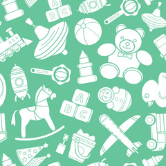 Children's toy - Vector background (seamless pattern) of silhouettes bear, ball, horse, car, train, duck, blocks and doll for graphic design