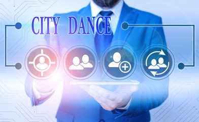 Conceptual hand writing showing City Dance. Concept meaning activity of dancing for pleasure or in...