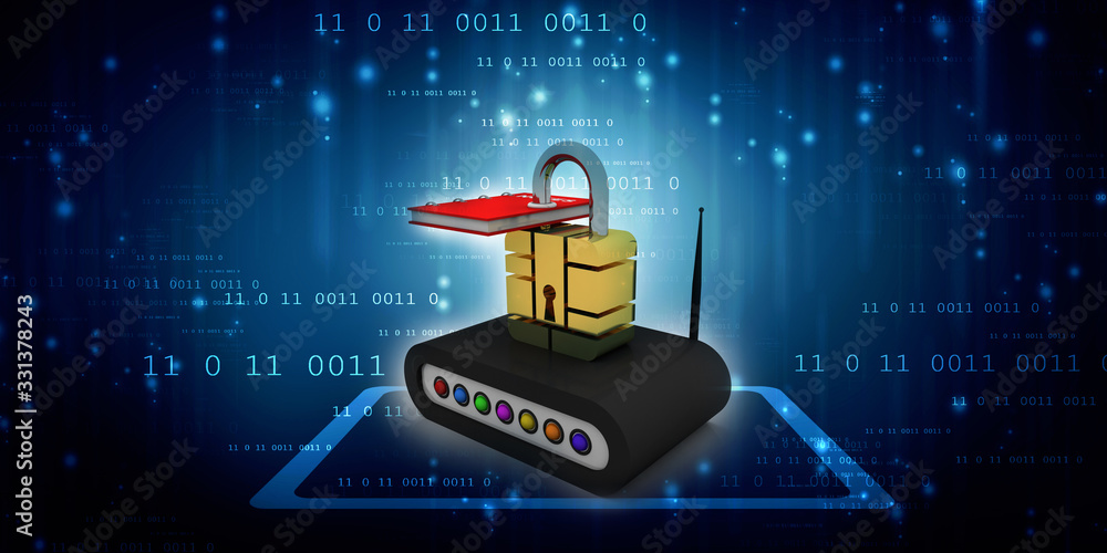 Poster 3d rendering transmitter wi-fi with book connected lock