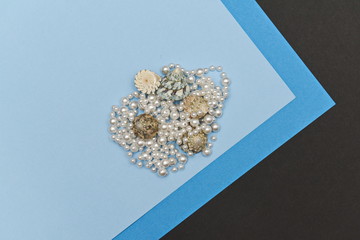 several shells are woven into a white pearl thread