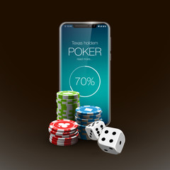 Vector illustration Online Poker casino banner with a mobile phone, chips, playing cards and dice. Marketing Luxury Banner Jackpot Online Casino with New model Smartphone. Empty advertising poster.