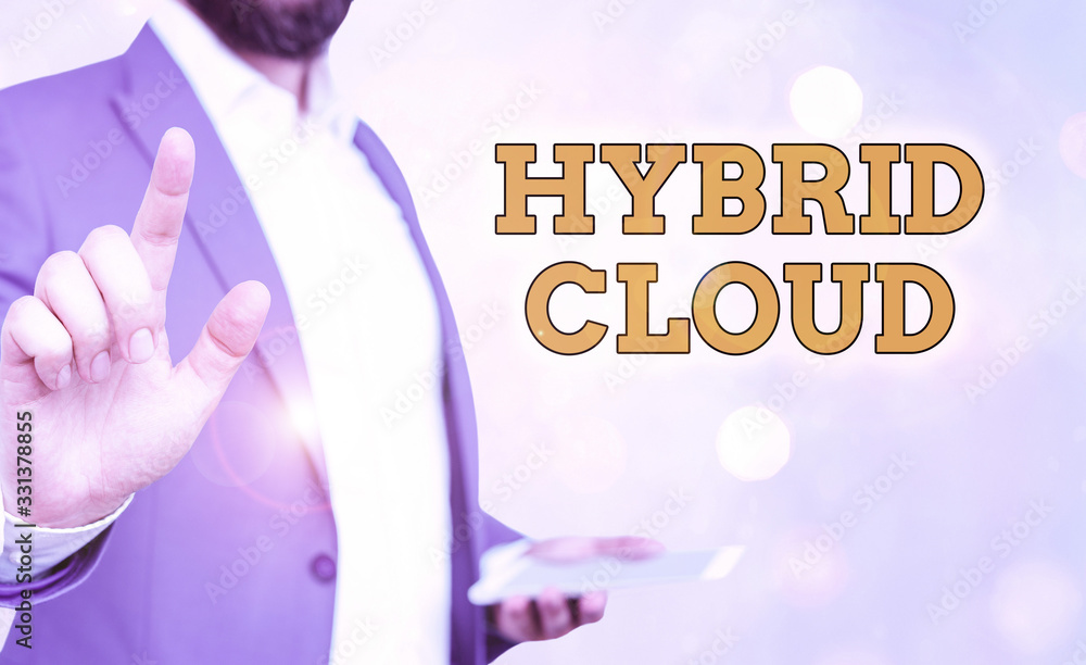 Poster word writing text hybrid cloud. business photo showcasing computing environment that combines public