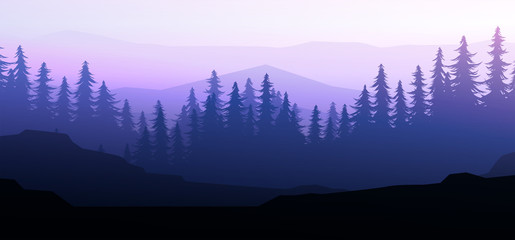 Nature forest Natural Pine forest mountains horizon. Landscape wallpaper. Sunrise and sunset. Illustration vector style colorful view background.