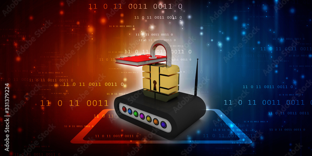 Poster 3d rendering transmitter wi-fi with book connected lock