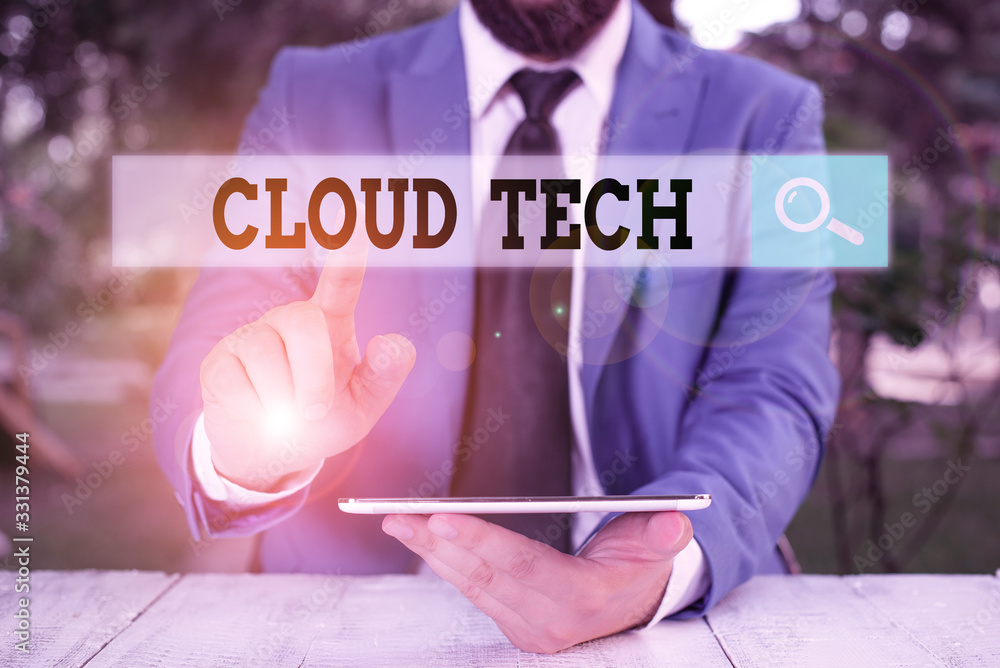 Poster writing note showing cloud tech. business concept for storing and accessing data and programs over t