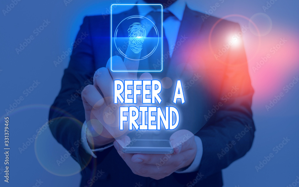 Poster writing note showing refer a friend. business concept for direct someone to another or send him some
