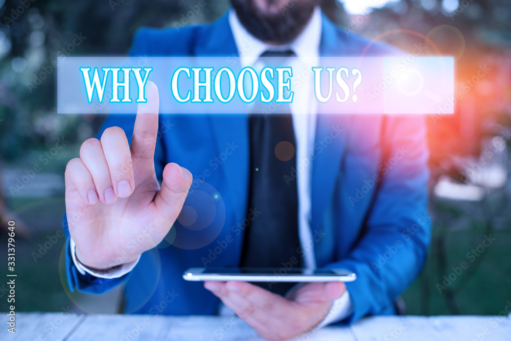 Aufkleber word writing text why choose us question. business photo showcasing list of advantages and disadvant