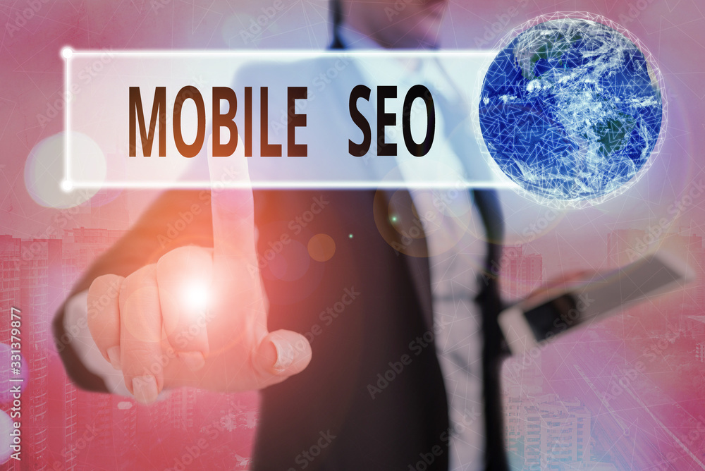 Poster writing note showing mobile seo. business concept for process of optimizing a website to rank for mo
