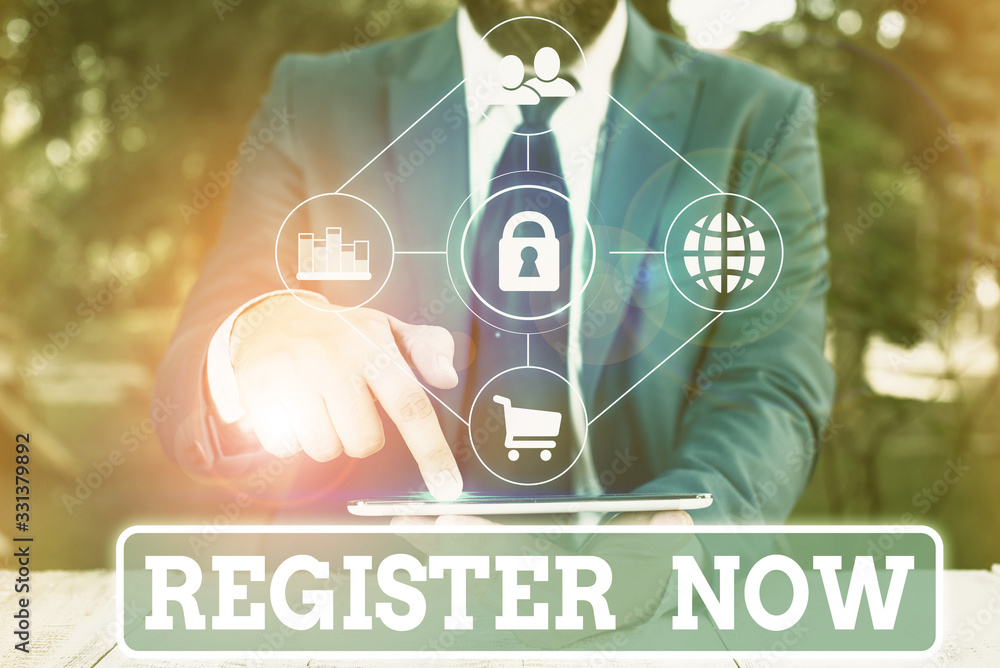 Poster writing note showing register now. business concept for official list or record showing or things in