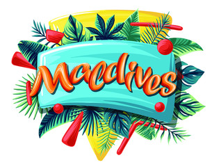 Maldives Advertising emblem with type design and tropical flowers and plants