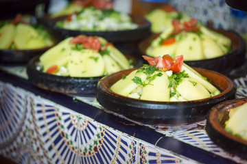 Potato, carrot, tomato, peas vegetable tajine, Morocco 