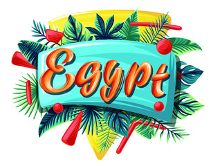 Egypt Advertising emblem with type design and tropical flowers and plants