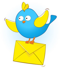 A little bird flies and holds in its paws a mail envelope