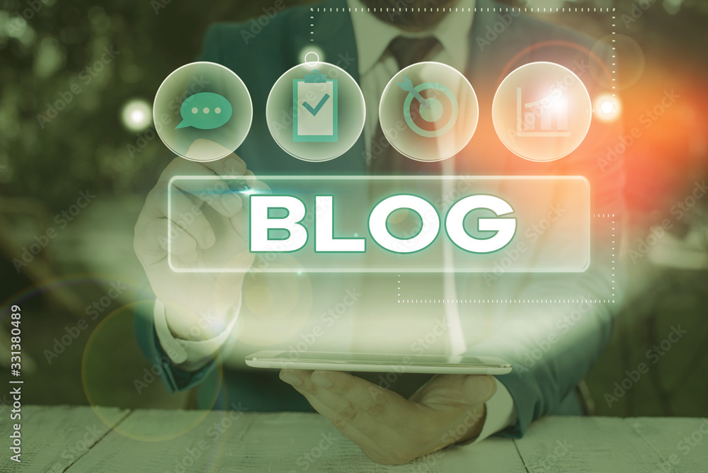 Poster word writing text blog. business photo showcasing regularly updated website web page run by individu
