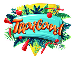 Thailand Advertising emblem with type design and tropical flowers and plants