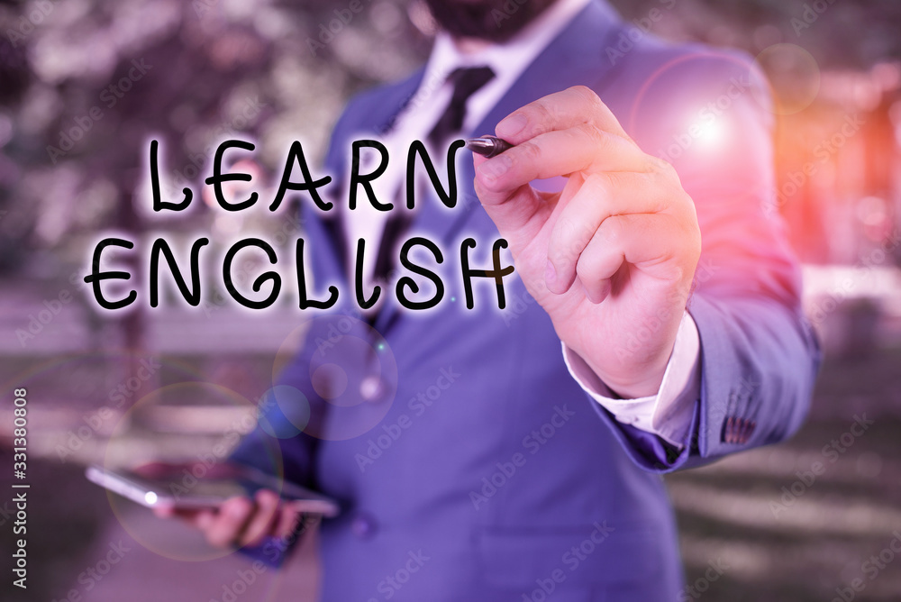 Poster text sign showing learn english. business photo text gain acquire knowledge in new language by study